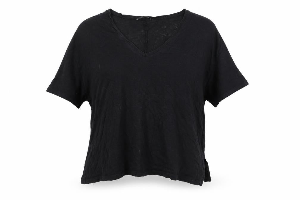 Front view of Zara women’s black polyester basic t-shirt, size M, v-neck