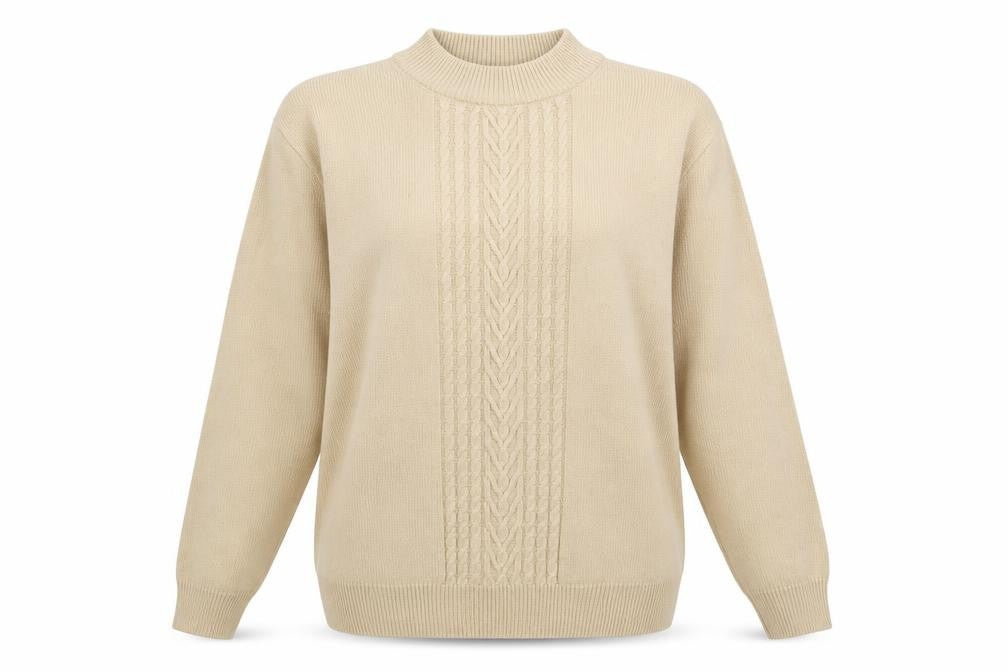 Front view of Riddella women’s beige high neck acrylic jumper, size S