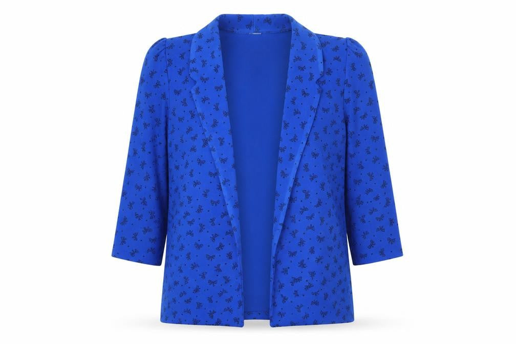 Front view of Prqworn1 women’s blue geometric polyester jacket blazer, size UK 14