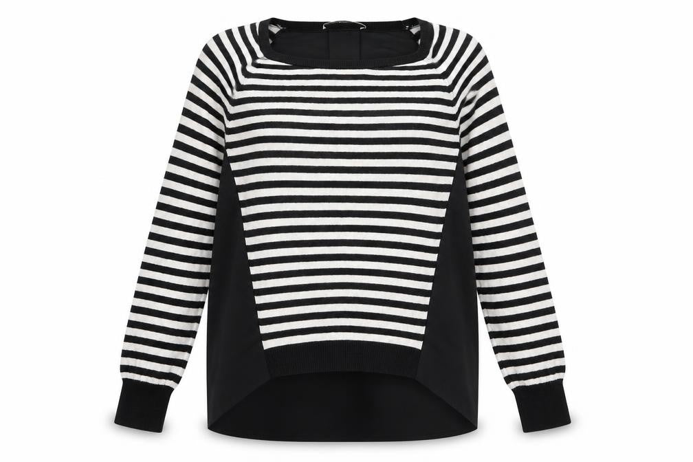 Front view of Oasis women’s black striped viscose basic blouse, size S, square neck