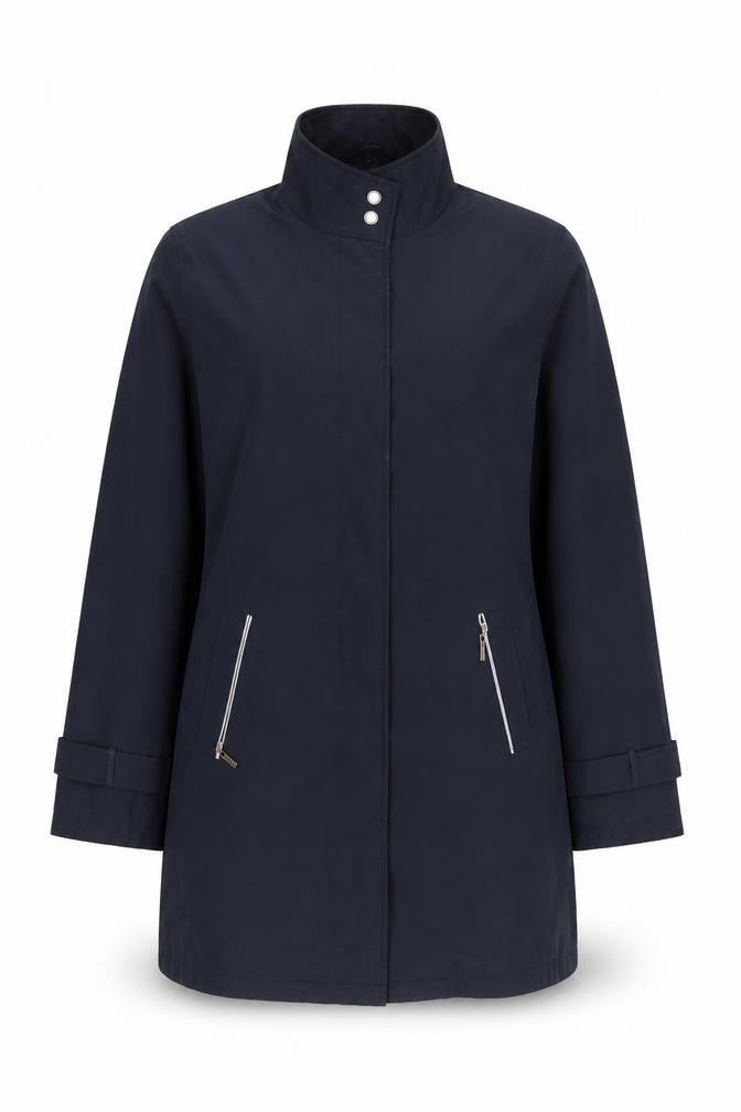 Front view of David Parry women’s blue jacket coat, size UK 14