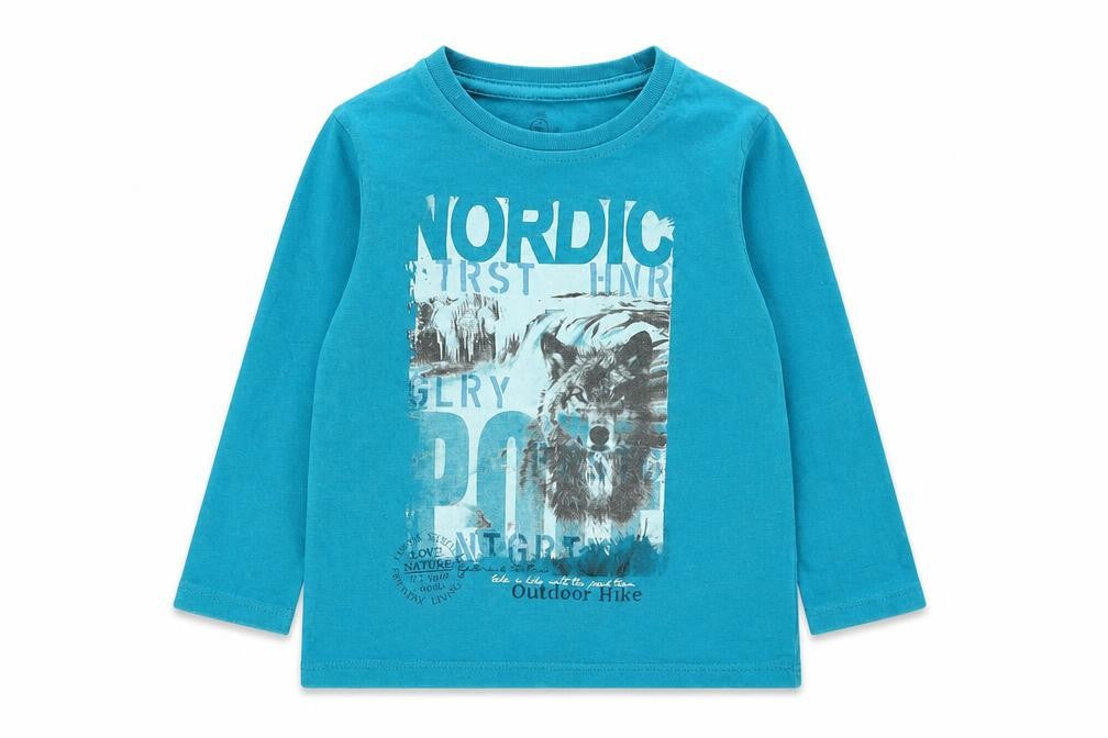 Front view of Losan boys’ blue polyester basic t-shirt, size 2, years round neck pullover - wolf