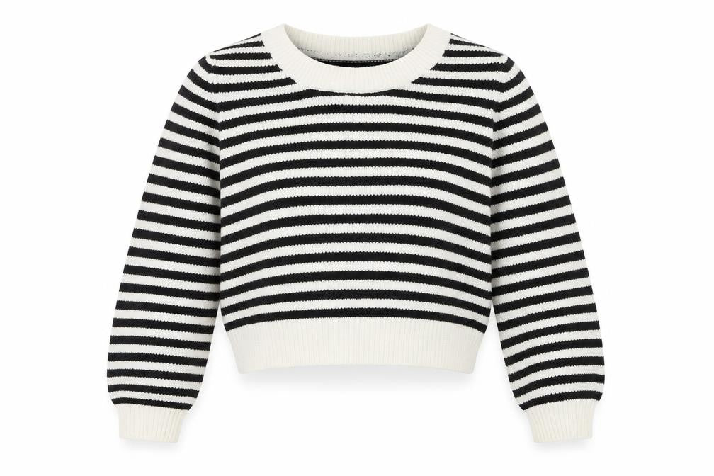 Front view of H&M women’s white round neck striped acrylic jumper, size UK 8