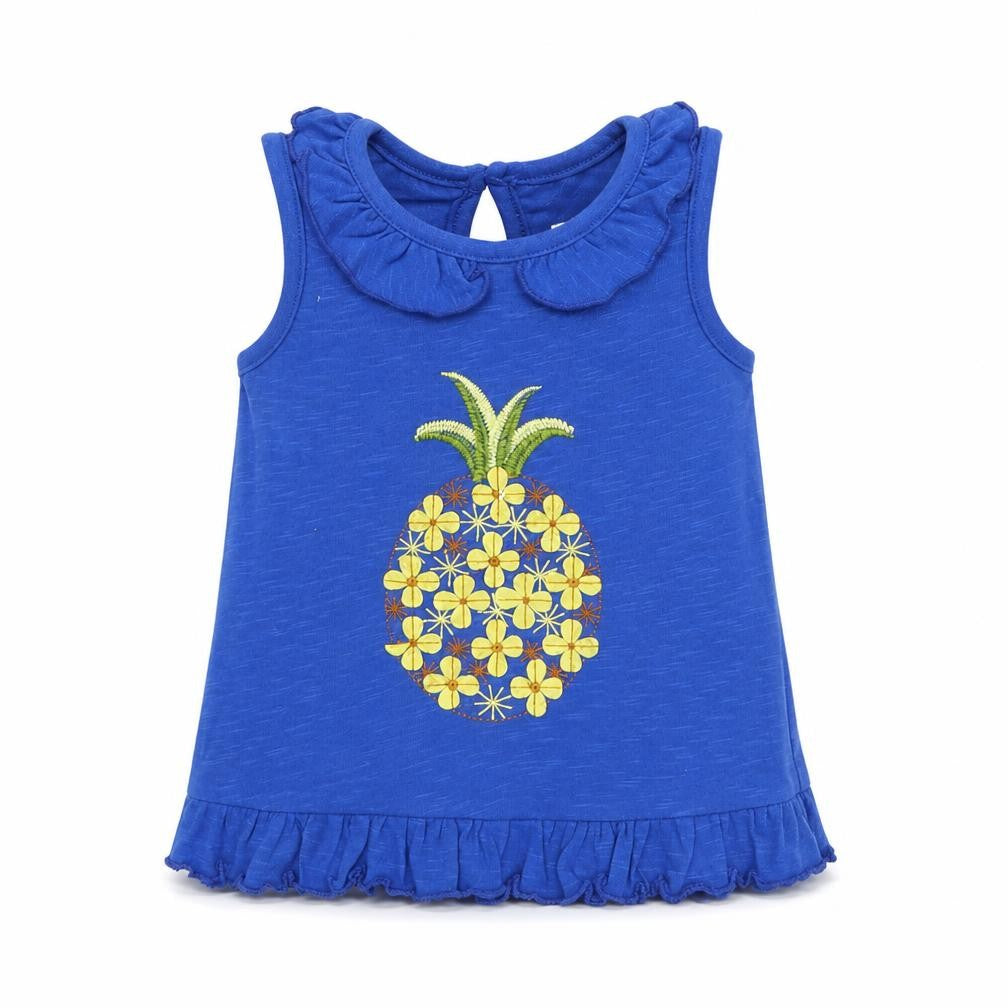 Front view of M&Co girls’ blue cotton basic tank, size 9-12, months round neck pullover - pineapple