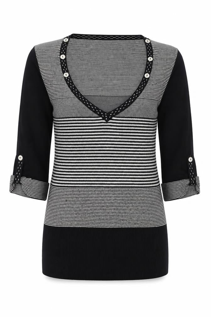 Front view of Next women’s black v-neck striped viscose jumper, size UK 8