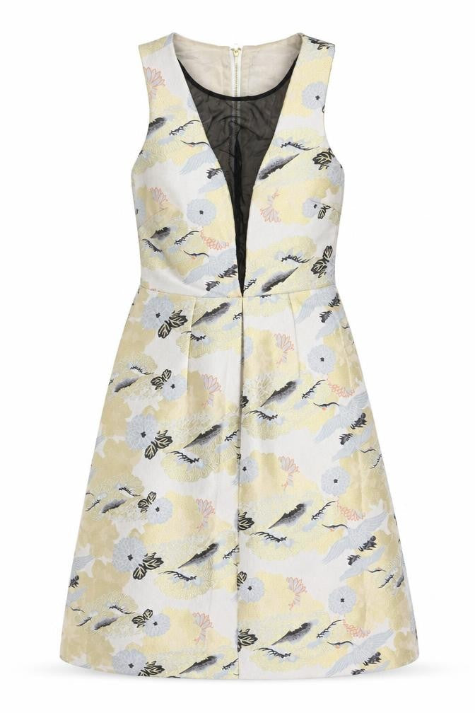 Front view of Next women’s ivory floral polyester a-line, size UK 10, zip