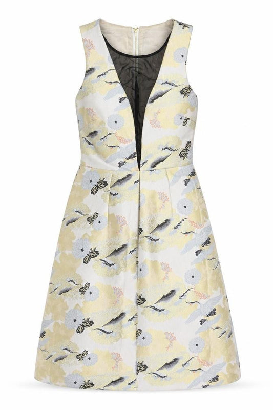 Front view of Next women’s ivory floral polyester a-line, size UK 10, zip