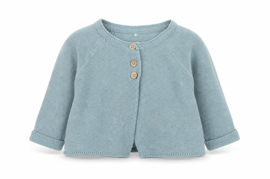 Front view of Disney Baby girls’ blue cotton cardigan jumper, size 3-6, months - disney