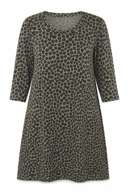 Front view of Rainbow women’s multicoloured animal print polyester a-line, size UK 14, round neck