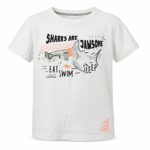 Dunnes Stores Boys White Geometric Cotton Basic T-Shirt Size 9-10 Years Round Neck  - Shark