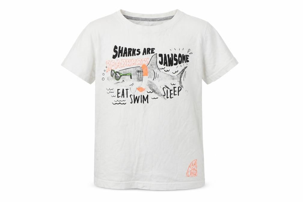 Dunnes Stores Boys White Geometric Cotton Basic T-Shirt Size 9-10 Years Round Neck  - Shark