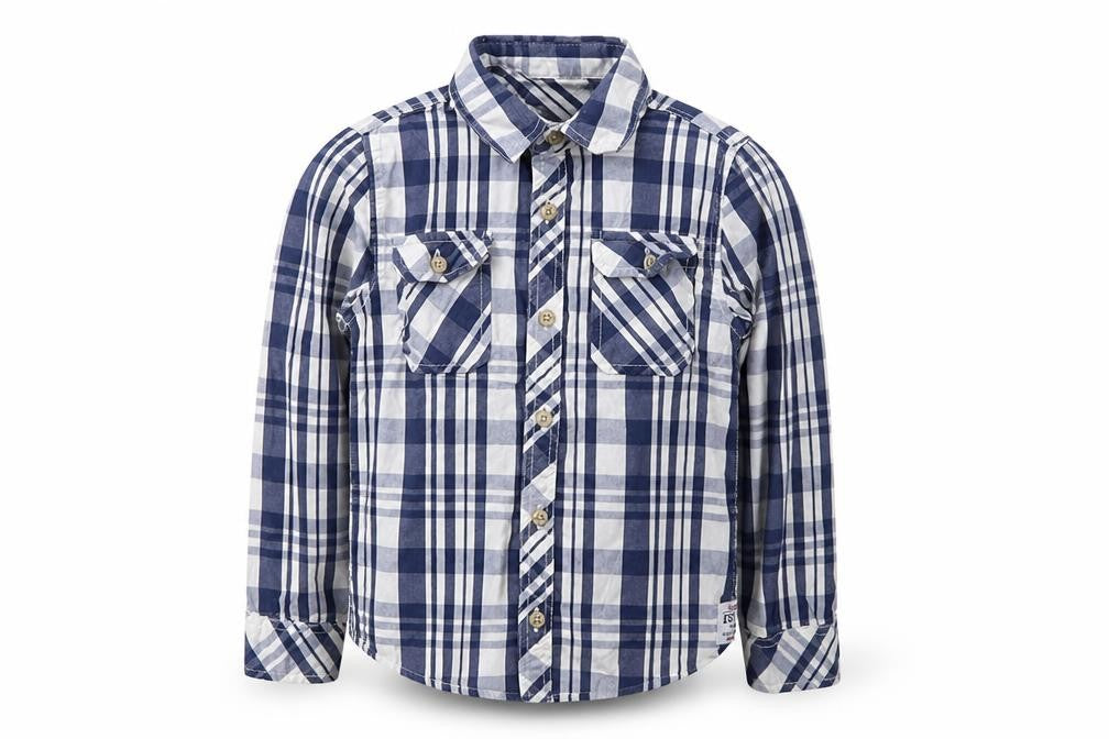 Front view of Pepe Jeans boys’ multicoloured plaid cotton basic button-up, size 6, years collared
