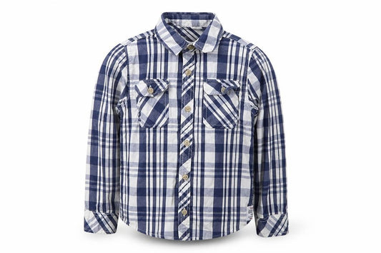 Front view of Pepe Jeans boys’ multicoloured plaid cotton basic button-up, size 6, years collared