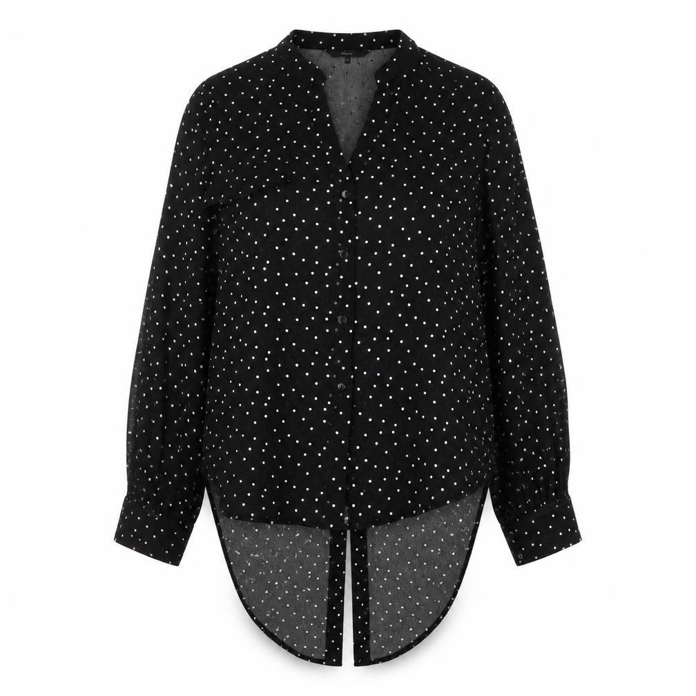 Front view of Next women’s black polka dot polyester basic button-up, size UK 8, v-neck