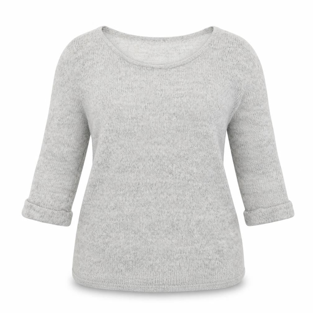 Front view of New Look women’s grey round neck acrylic jumper, size UK 14