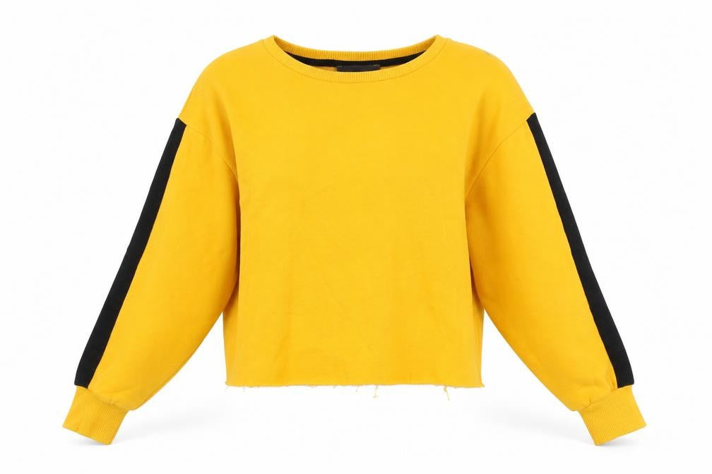 Front view of Primark women’s yellow cotton pullover sweatshirt, size UK 8, pullover