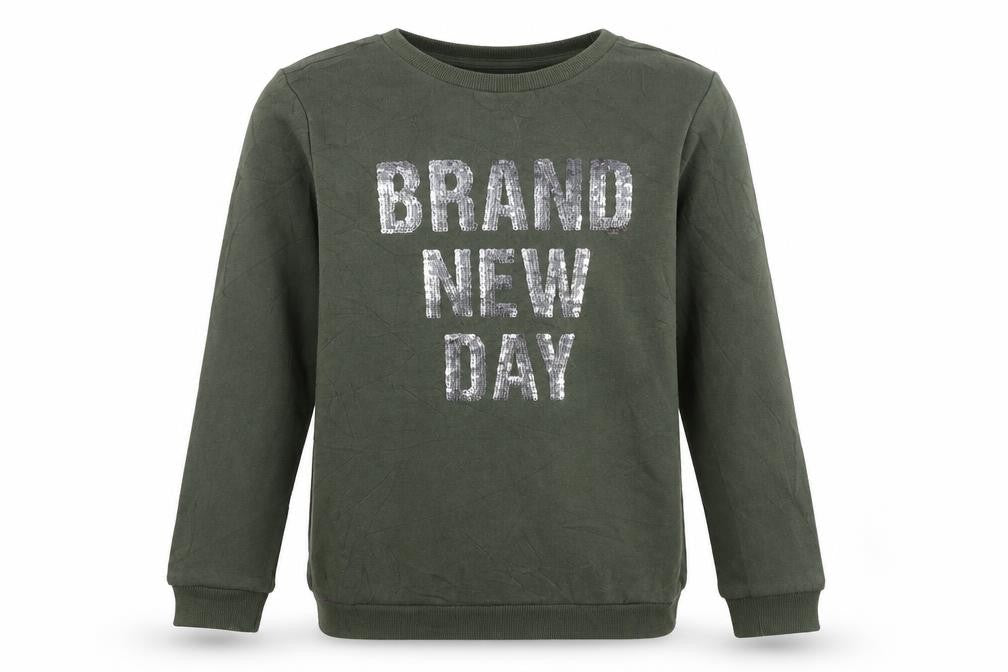 Front view of H&M girls’ green cotton pullover sweatshirt, size 11-12, years pullover - reversible sequins
