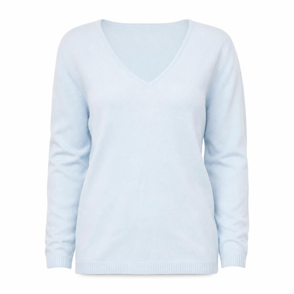 Front view of Lakeland women’s blue v-neck viscose jumper, size UK 10