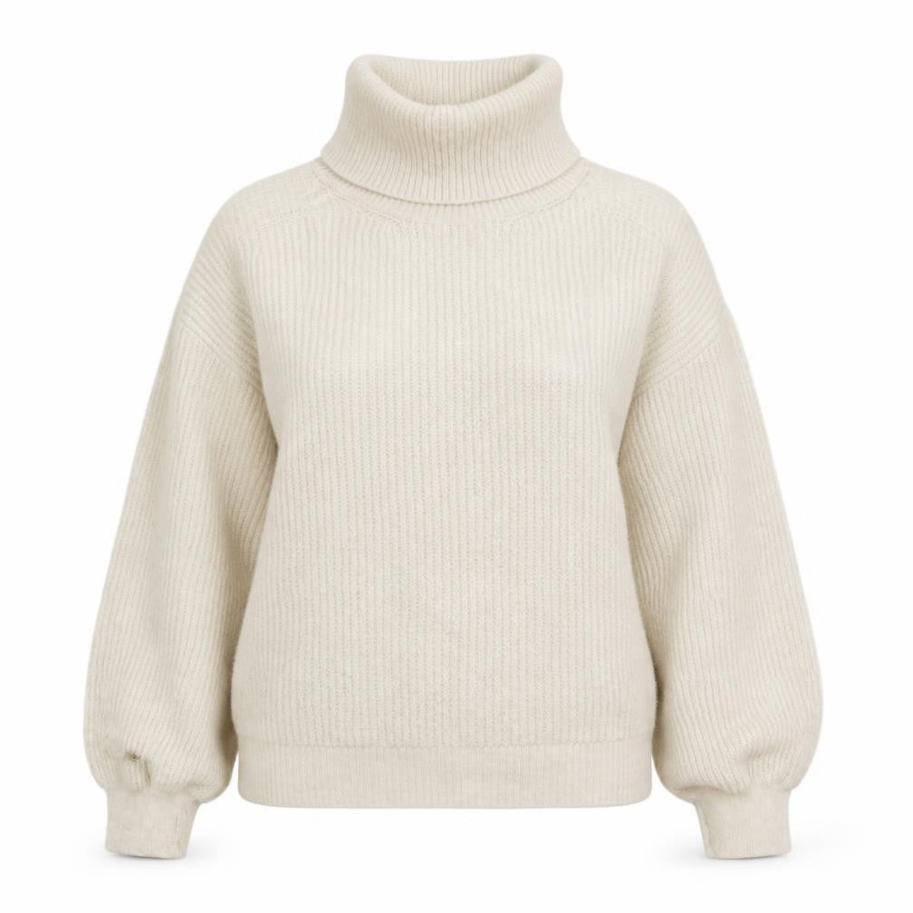 Front view of Gallery women’s beige roll neck acrylic jumper, size M
