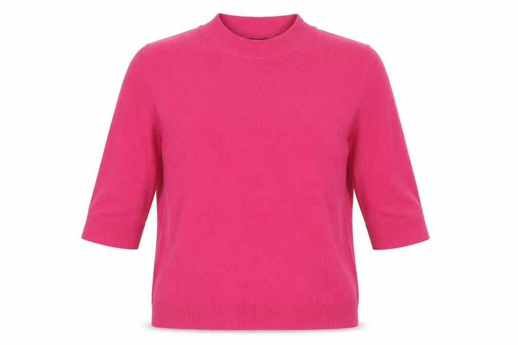 Front view of Topshop women’s pink round neck acrylic jumper, size UK 12