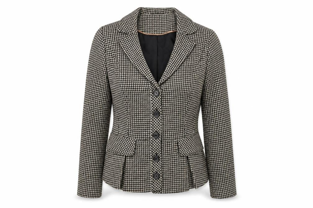 Front view of Alex&Co women’s beige houndstooth wool jacket blazer, size UK 10