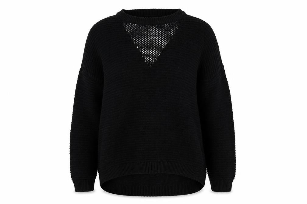 Front view of Atmosphere women’s black round neck acrylic jumper, size UK 10