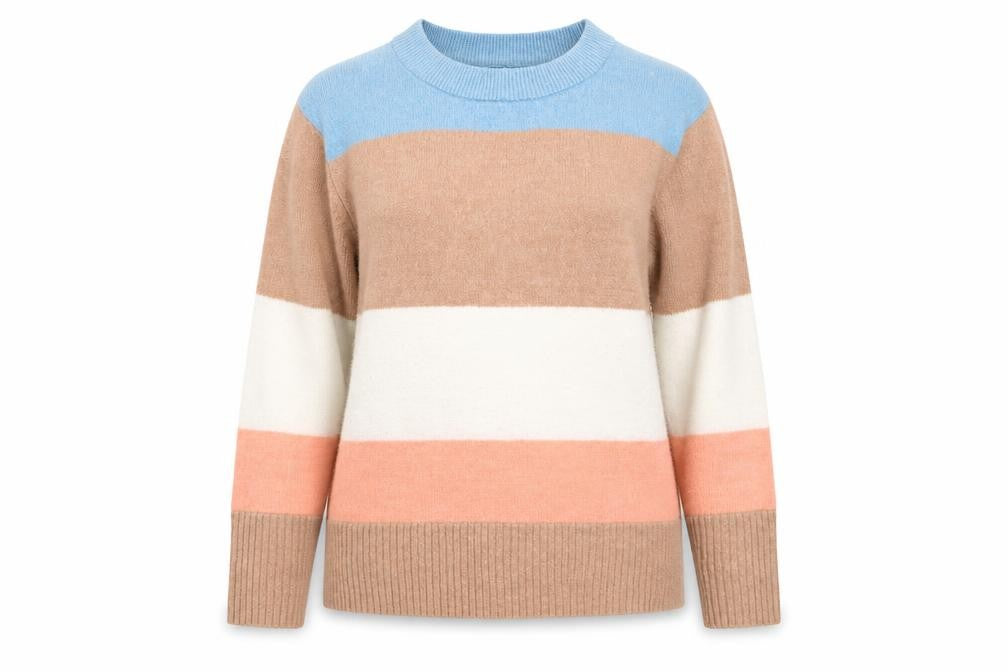 Front view of Preworn women’s multicoloured round neck striped polyester jumper, size M