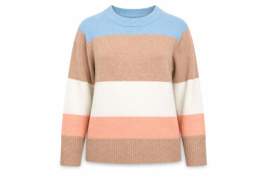 Front view of Preworn women’s multicoloured round neck striped polyester jumper, size M