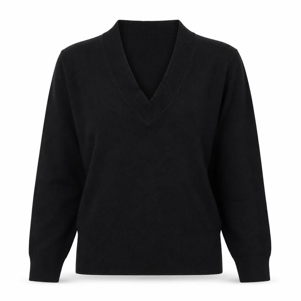 Front view of Evie women’s black v-neck acrylic jumper, size UK 14