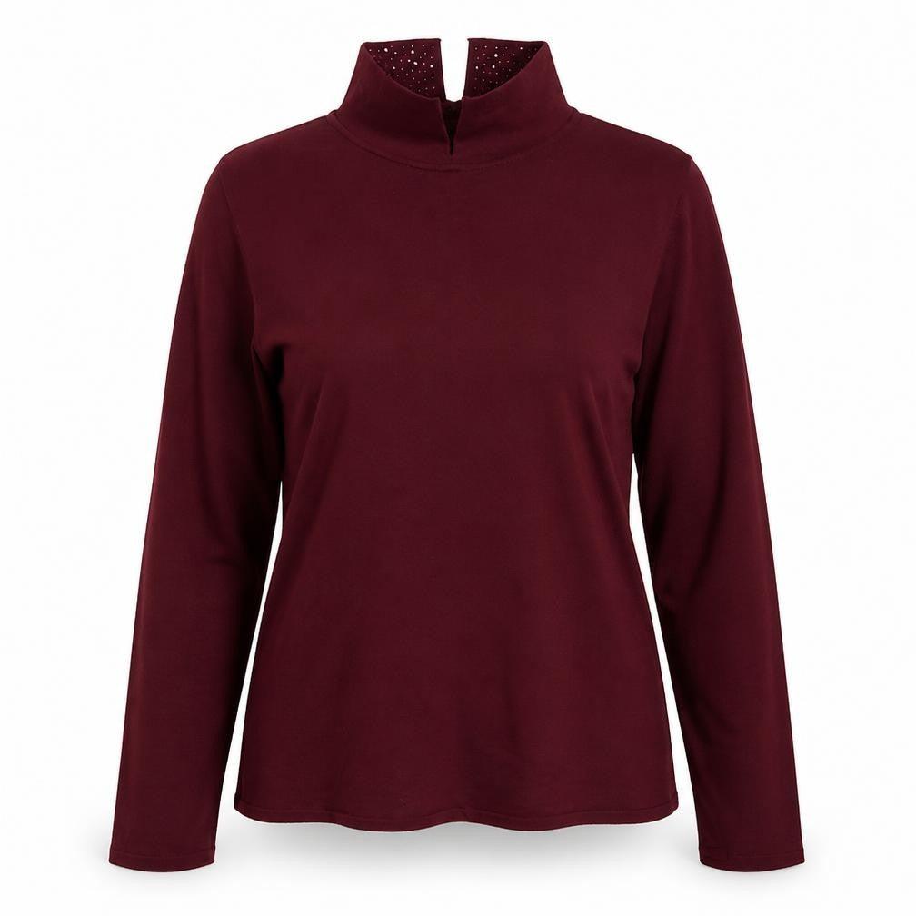 Front view of Bonmarché women’s purple collared viscose jumper, size UK 12
