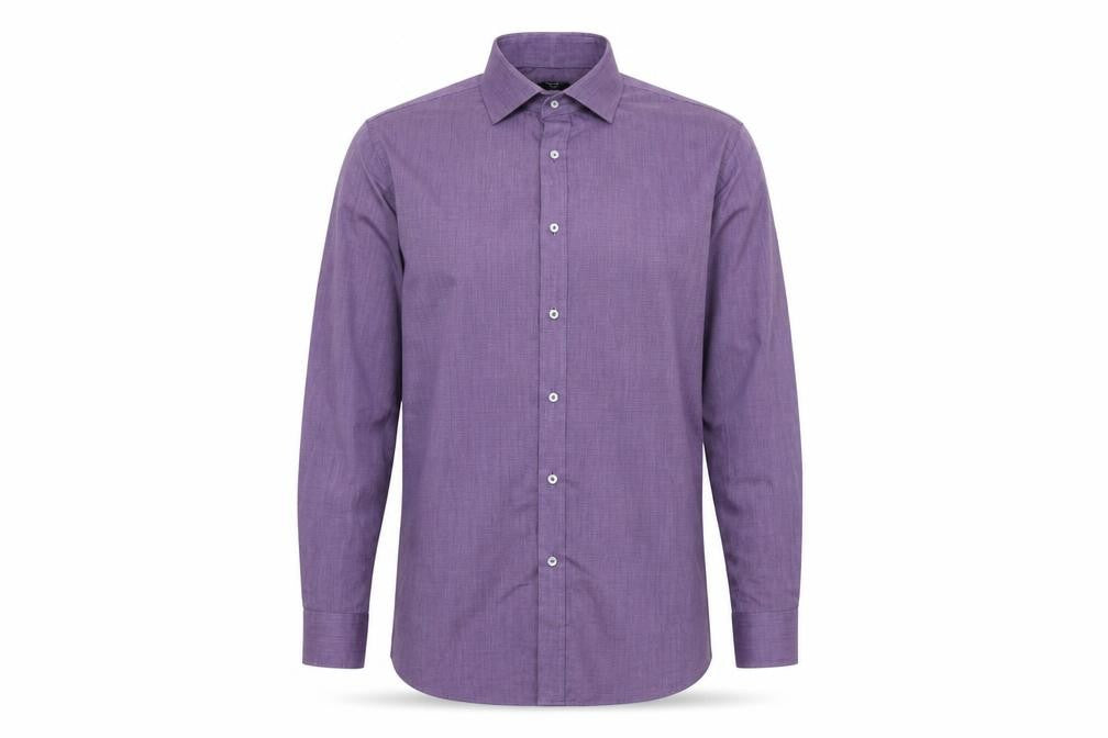 Front view of F&F men’s purple polyester button-up, size 15.5 collared button