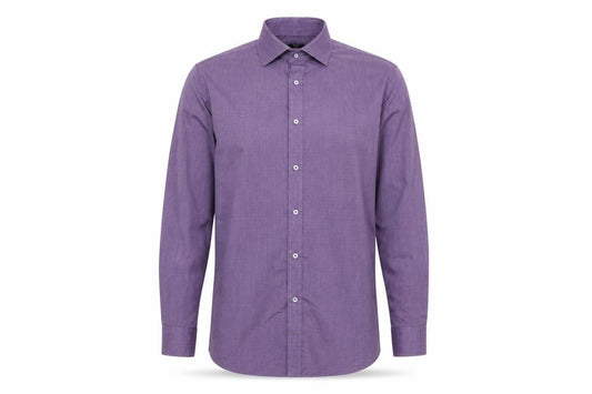 Front view of F&F men’s purple polyester button-up, size 15.5 collared button