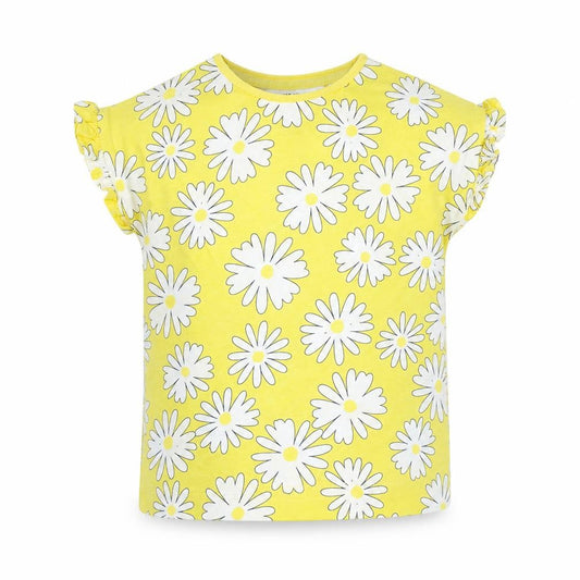 Front view of F&F girls’ yellow floral cotton basic casual, size 18-24, months round neck
