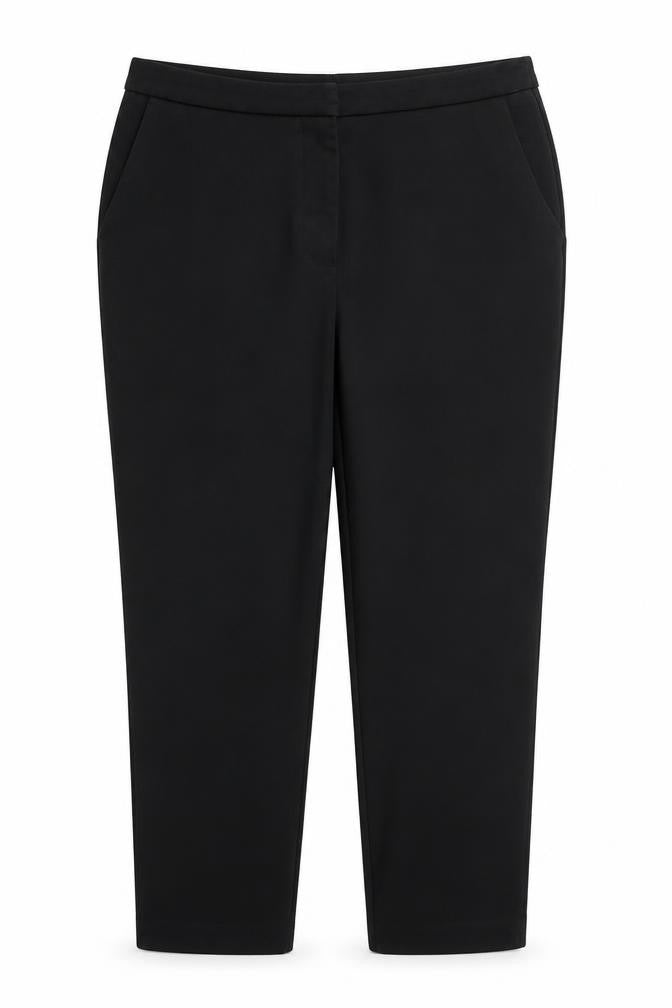 Front view of Warehouse women’s black polyester trousers, size UK 14, 26-inch leg regular zip