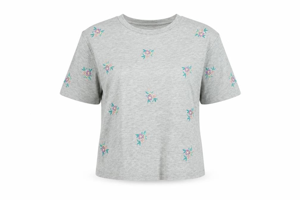 New Look Womens Grey Floral Cotton Basic T-Shirt Size 6 Round Neck