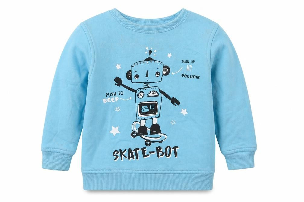 Front view of Geoge boys’ blue cotton jumper, size 12-18, months pullover
