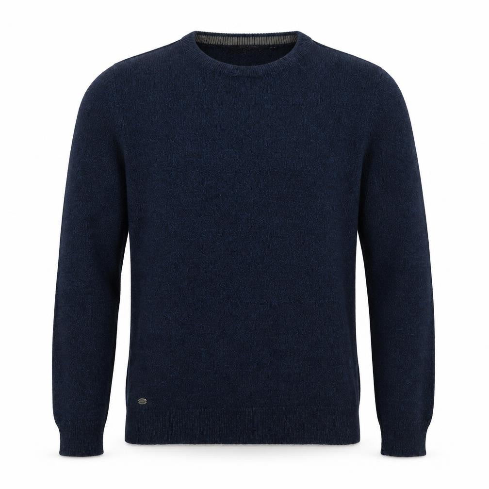 Front view of Kensington men’s blue round neck acrylic jumper, size L