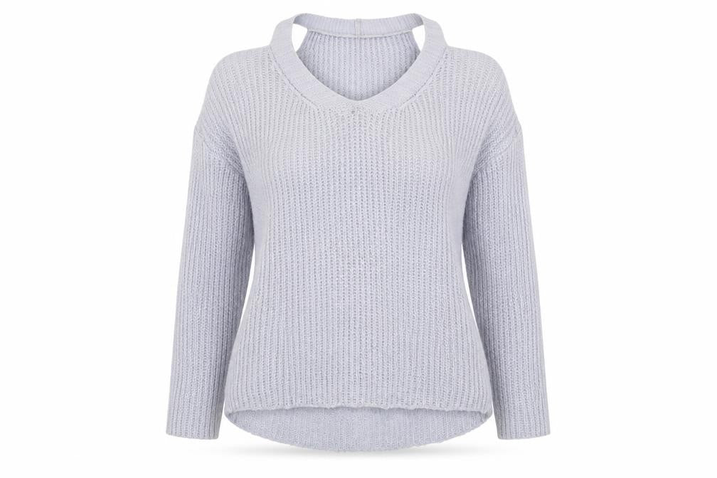 Front view of Lipsy women’s blue scoop neck acrylic jumper, size S