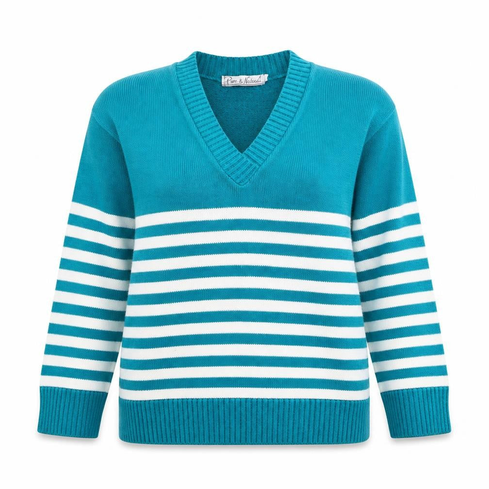 Pure & Natural  Womens Green V-Neck Striped Acrylic Pullover Jumper Size S
