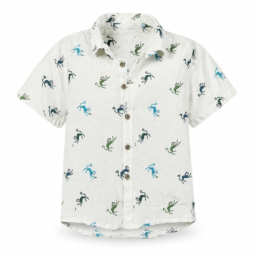 Front view of Next boys’ white linen basic button-up, size 24, months collared button - monkeys