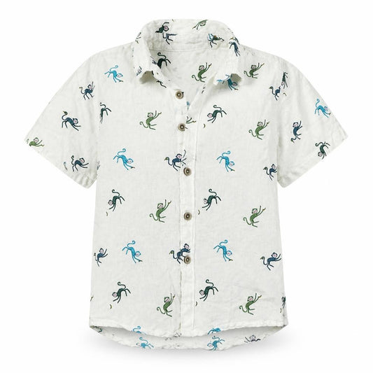 Front view of Next boys’ white linen basic button-up, size 24, months collared button - monkeys