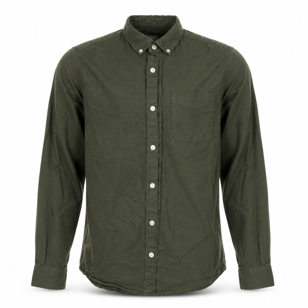 Front view of River Island men’s green cotton button-up, size XS, collared button