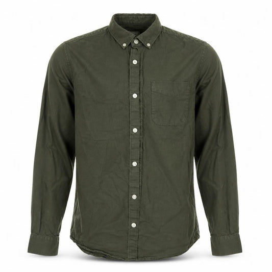 Front view of River Island men’s green cotton button-up, size XS, collared button