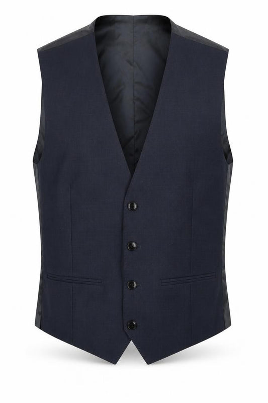 Front view of Red men’s blue jacket waistcoat, size M, button
