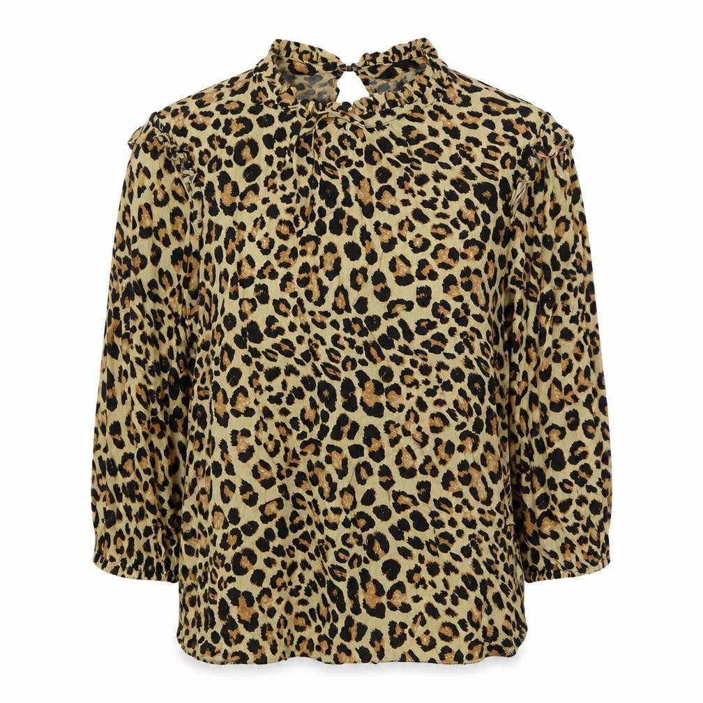 Front view of New Look women’s brown animal print viscose basic blouse, size UK 10, round neck