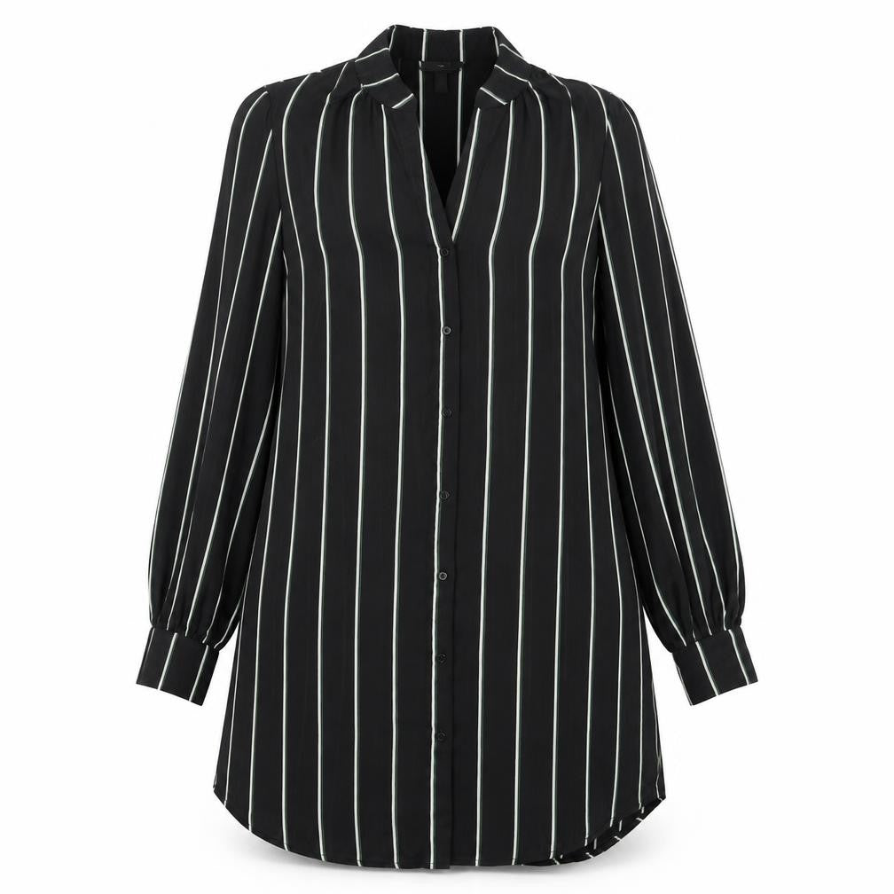 Front view of H&M women’s black striped polyester shirt dress, size UK 6, v-neck button