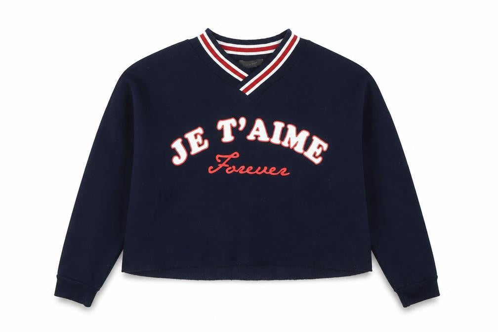 Front view of Primark women’s blue polyester pullover sweatshirt, size UK 12, pullover - jje t'aime forever
