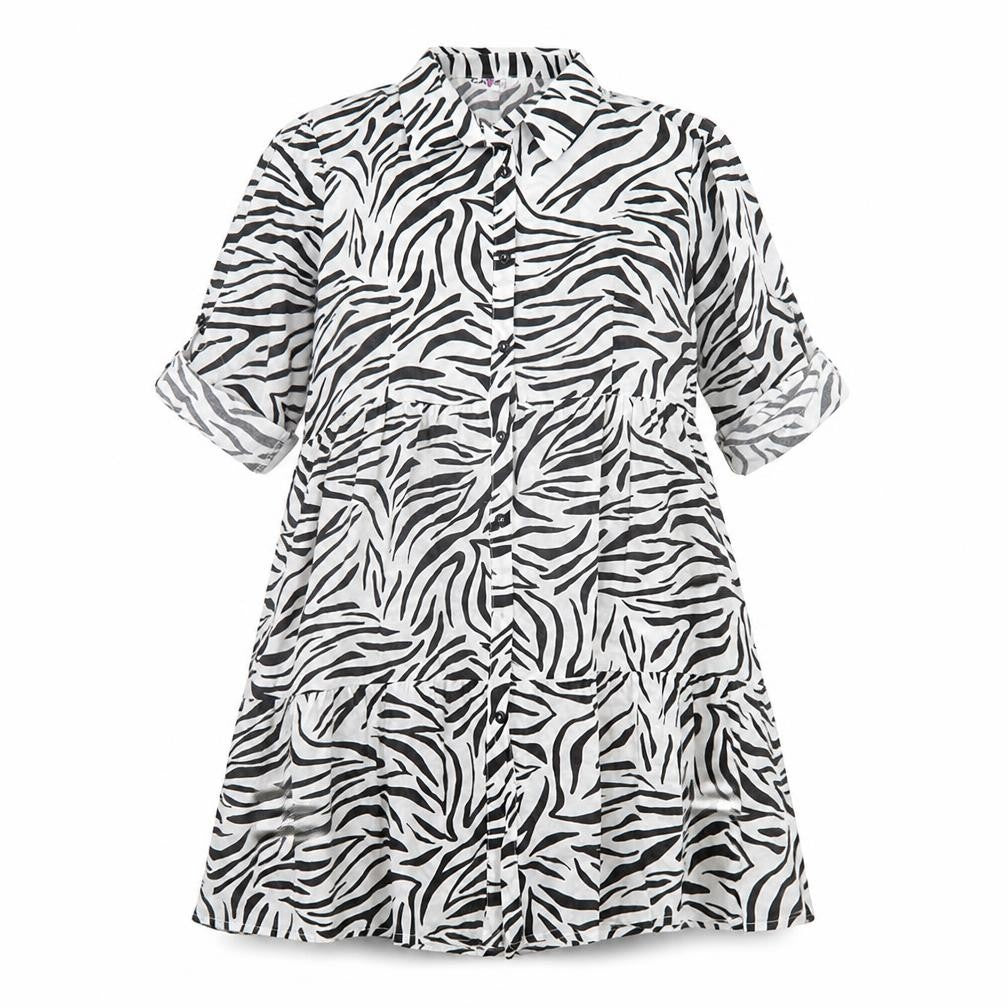 Front view of cave women’s white animal print polyester a-line, size UK 12, collared button
