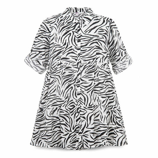Front view of cave women’s white animal print polyester a-line, size UK 12, collared button