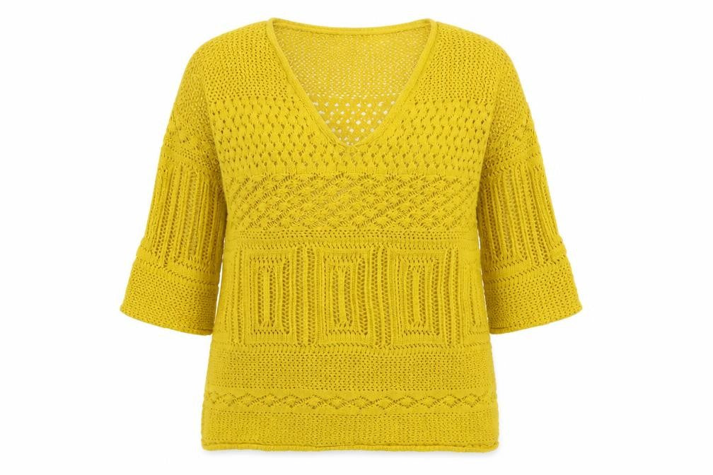 Front view of Papaya women’s yellow v-neck cotton jumper, size S